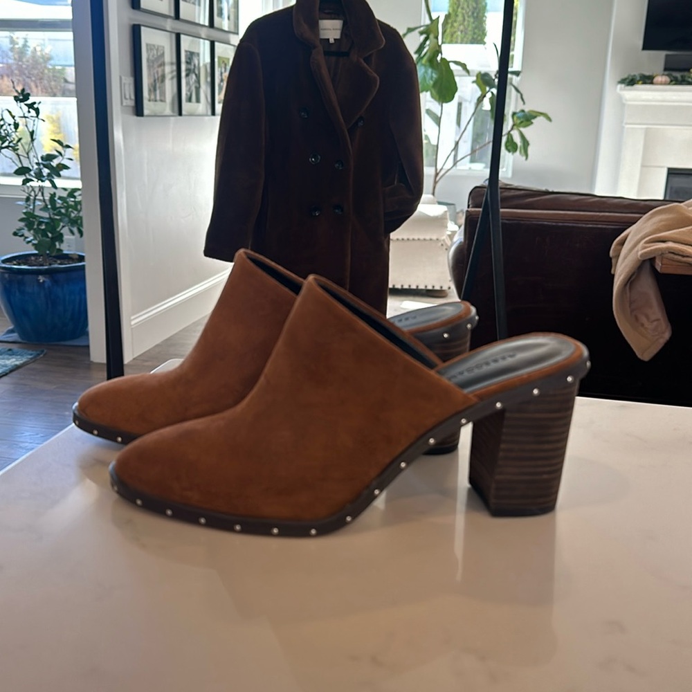 Rebecca minkoff suede heeled mules. Medium brown Camel color. Size 7. New!